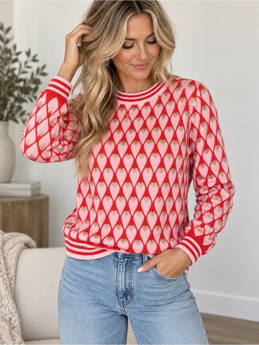 Molly Bracken Lili Sidonio Pink & Red Heart Print Crewneck Sweater size large